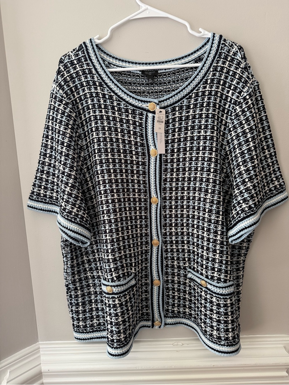 Talbots  Plus Women’s Textured  Knit Cardigan with Light Blue Trim Size 3X